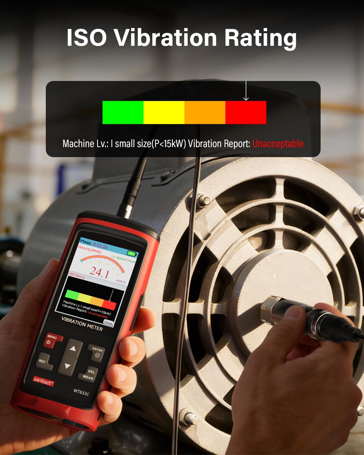 Vibrometro Wintact, analisi delle misurazioni delle vibrazioni meccaniche, accelerazione, velocità, spostamento, temperatura per motori, generatori, pompe, compressori (WT633C)