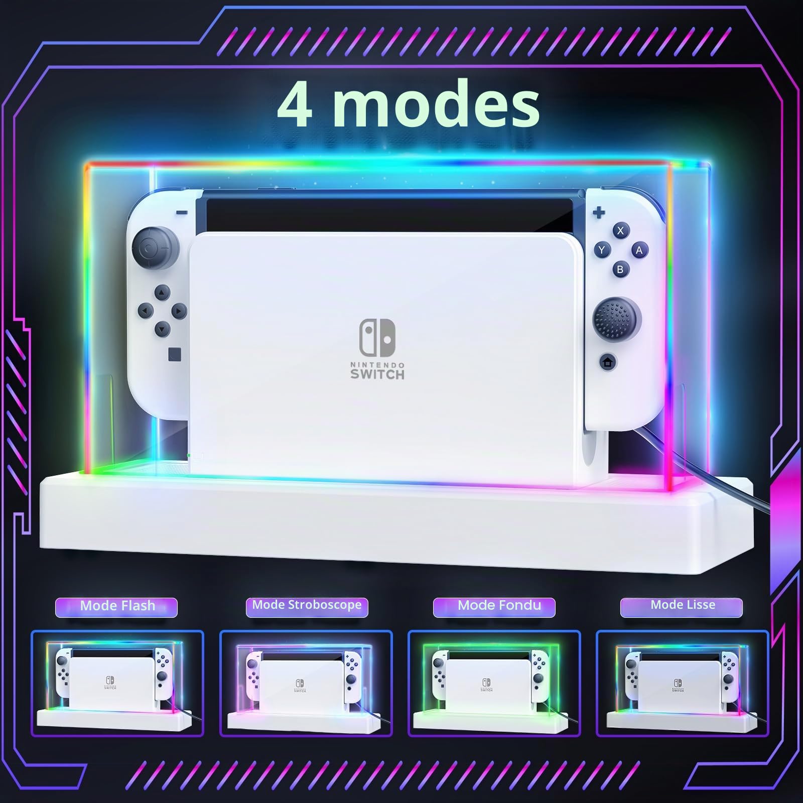 Anti Poussière Housse de Protection pour Nintendo Switch/Switch OLED,Coque Étui Dock de Protection Rayures Étanche pour Accessoire Switch/Switch OLED avec 16 Couleurs LED Lumière-Transparent