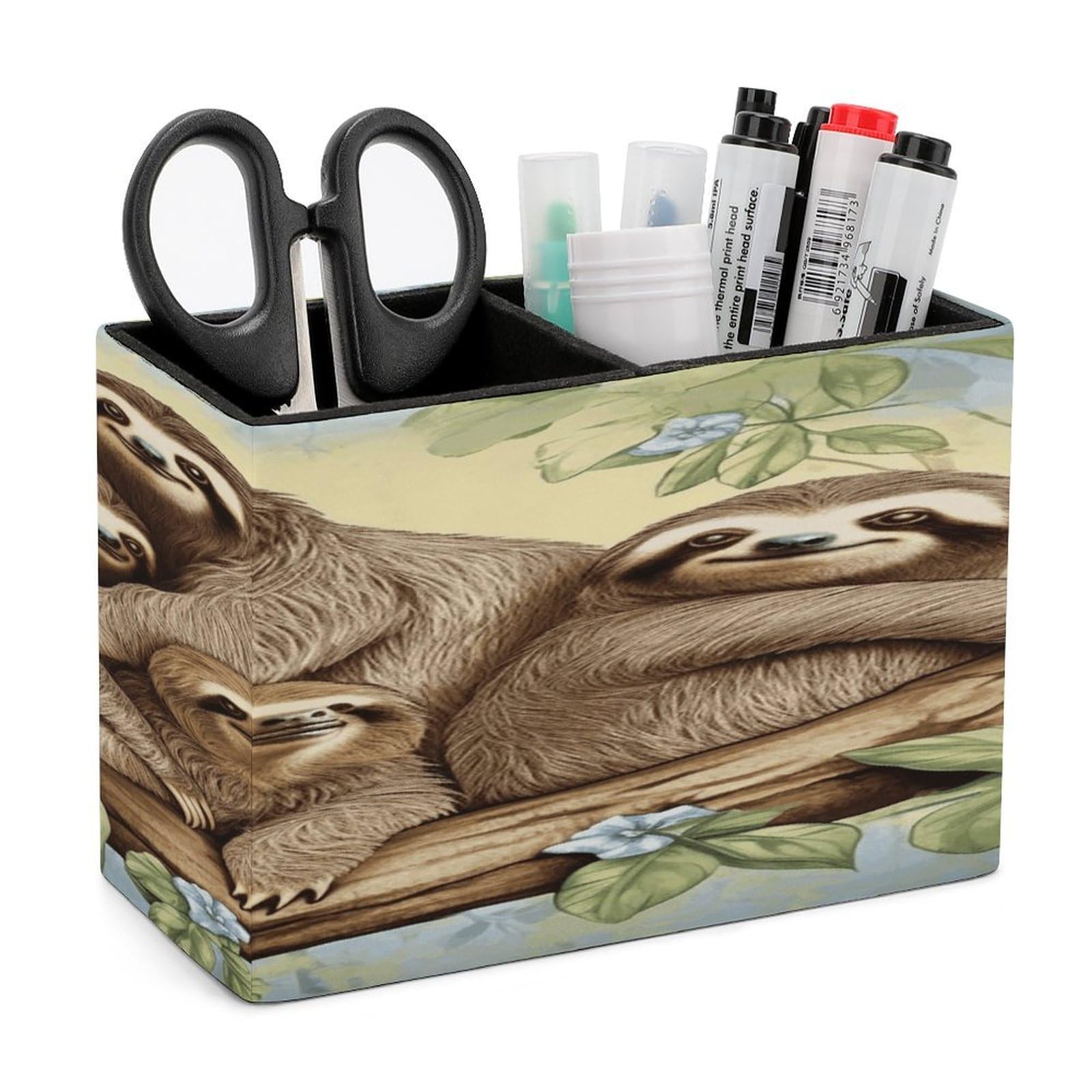 VstaDank Sloth Family Pen Holder Double Compartments Pen Cup Fashion Makeup Brush Holders Leather Pencil Holder for Work Locker Accessories Modern Pencil Cup for Desk Organizer