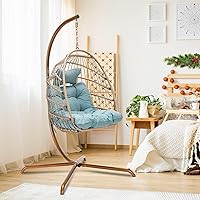 Vista 16 de NICESOUL Acogedora silla colgante con soporte para interiores y exteriores, silla columpio de mimbre para patio con cojín y patas doradas, 350