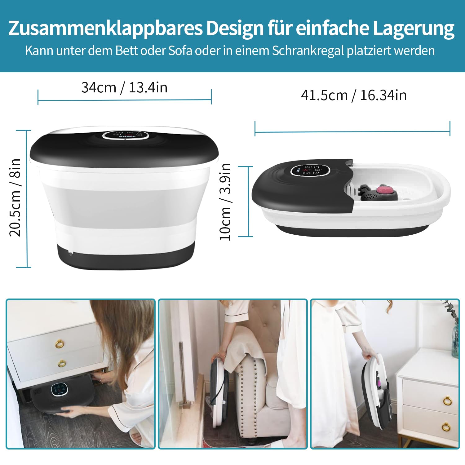 Bañera Spa Masajeador Para Pies, Hidromasaje Para Pies, Masajeador de Pies Plegable con Calefacción, ControlRemoto, Burbujas, Piedra Pómez, Temporizador, 16 Rodillos, Negro