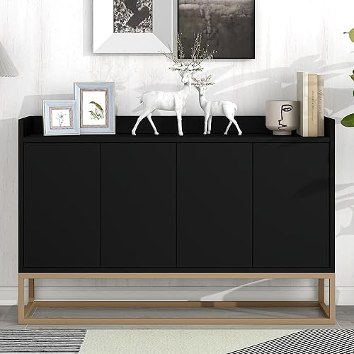 LUMISOL Aparador negro con encimera de valla de 4 puertas con estante ajustable y base de metal para entrada