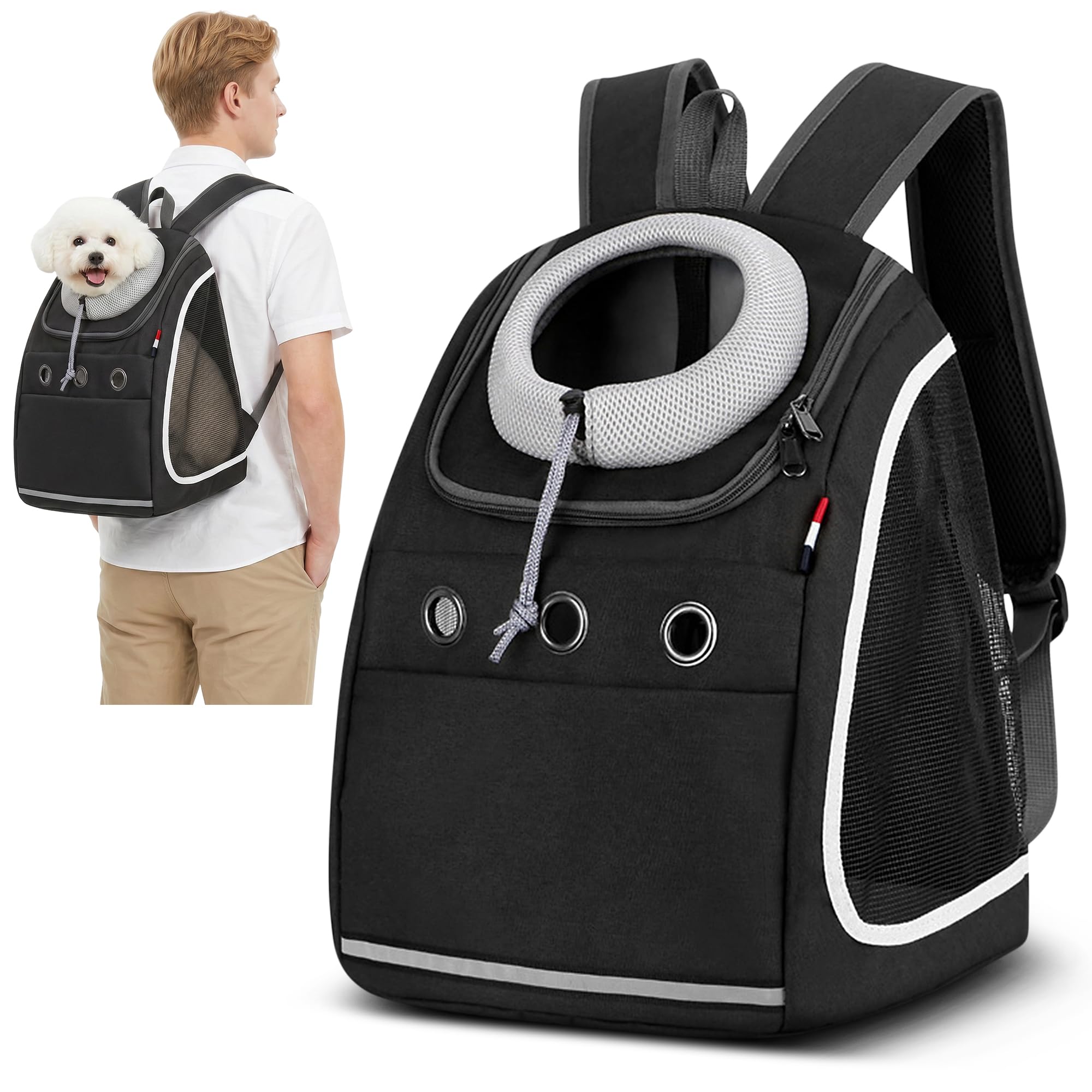 ALLSOPETS Zaino Cani Zaini Porta Cani Gatti Zaino Trasporto Cani e Cuccioli Marsupio Animali Domestici Zaino Gatto con Guinzaglio di Sicurezza per Viaggo Campeggio Escursioni (Nero Carbone)