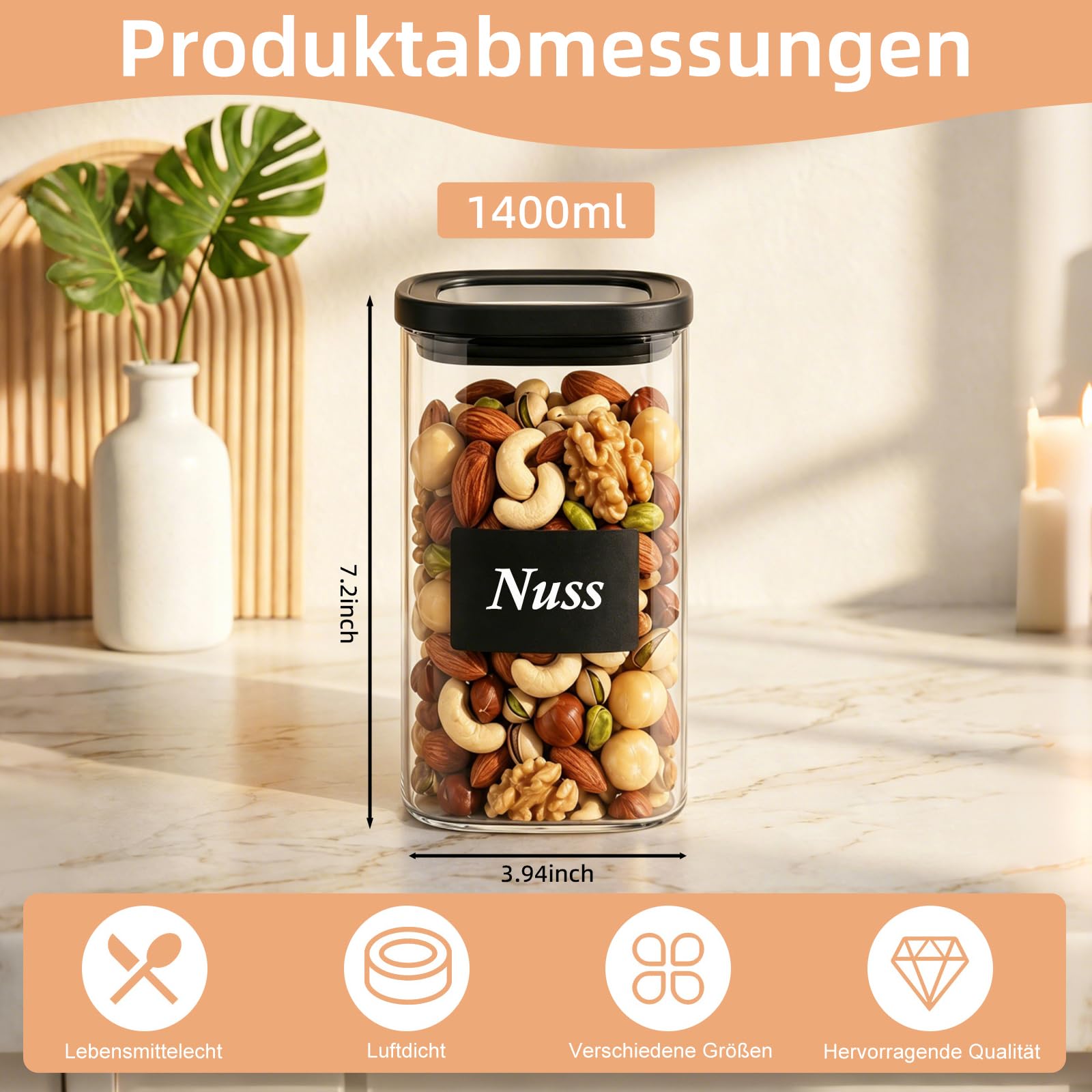 twoant Juego de 4 Cuadrada Tarros de Cristal Con Tapa Hermética transparente，1400ml Cocina Botes Almacenaje Ideales Para Guardar Especias, Pasta, Legumbres, Avena, Cereales, Etc