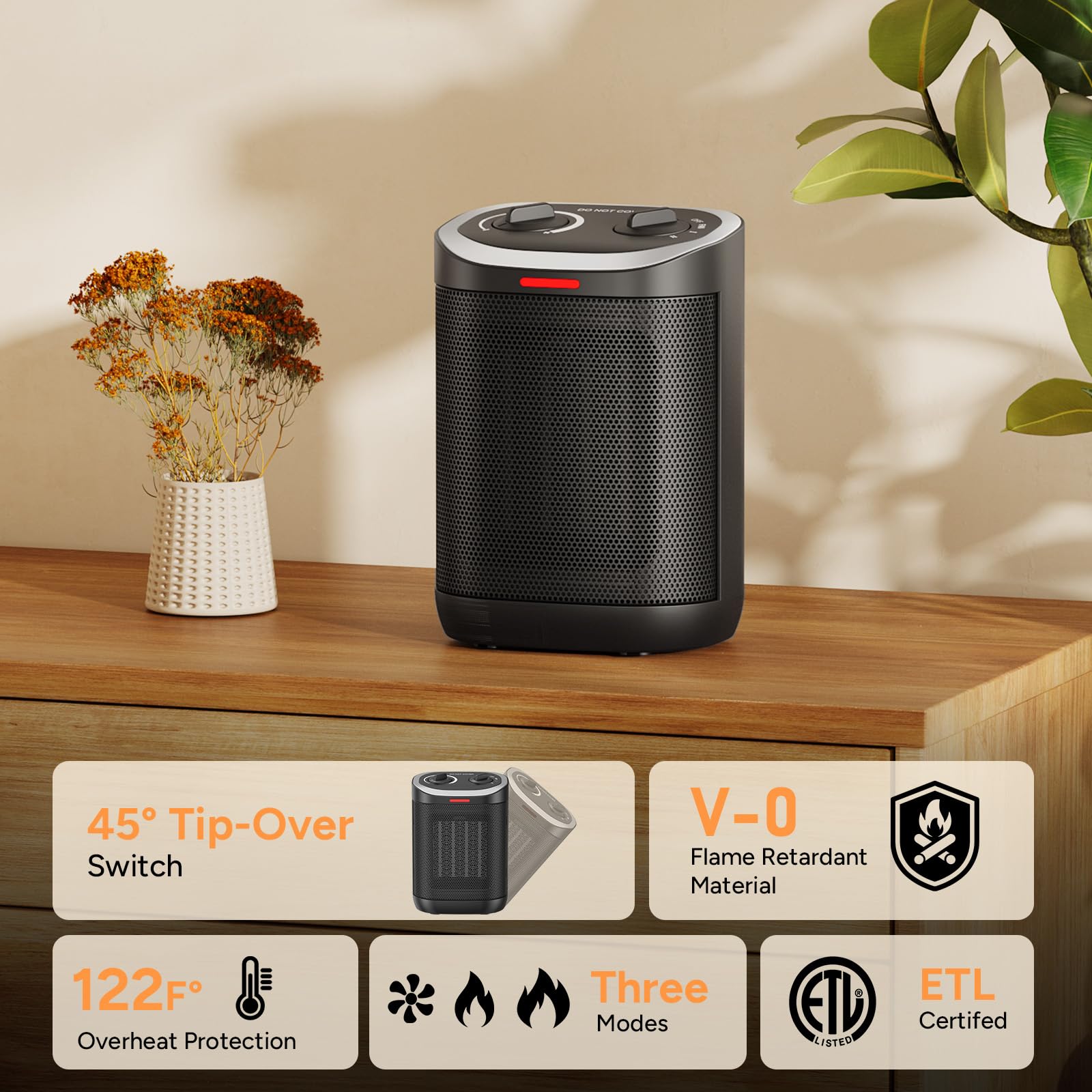 Calefactor eléctrico de espacio para interiores, de cerámica PTC de 1500 W con termostato, calentamiento rápido de 2 segundos, 3 modos y protección de seguridad, portátil, para recámara, oficina