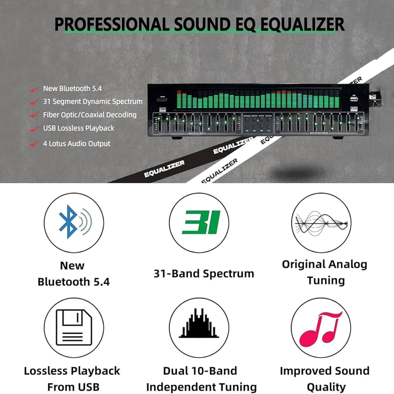 Égaliseur Numérique 31 Bandes, Égaliseur Graphique Audio Stéréo Avec Télécommande, 12 Modes Rythmiques Et Double Réglage Indépendant 10 Segments, Réduction Du Bruit Pour Studio D'enregistrement