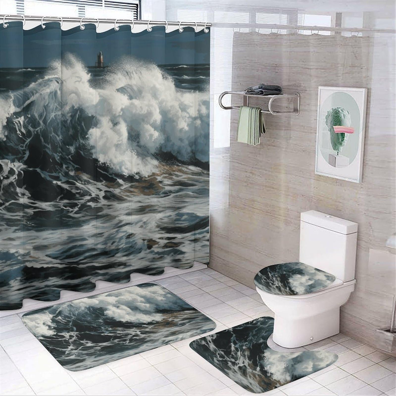 Ensemble de 4 rideaux de douche The Sea Waves avec tapis antidérapants et contour de toilette