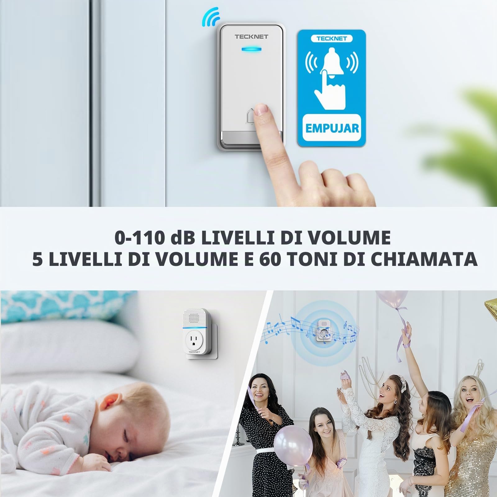 TECKNET Campanello senza fili 400 metri, impermeabile IP65 con funzione di ricarica e luce a LED, kit di 1 campanello, 2 ricevitori, 60 melodie 5 livelli volumi, per casa, ufficio, hotel