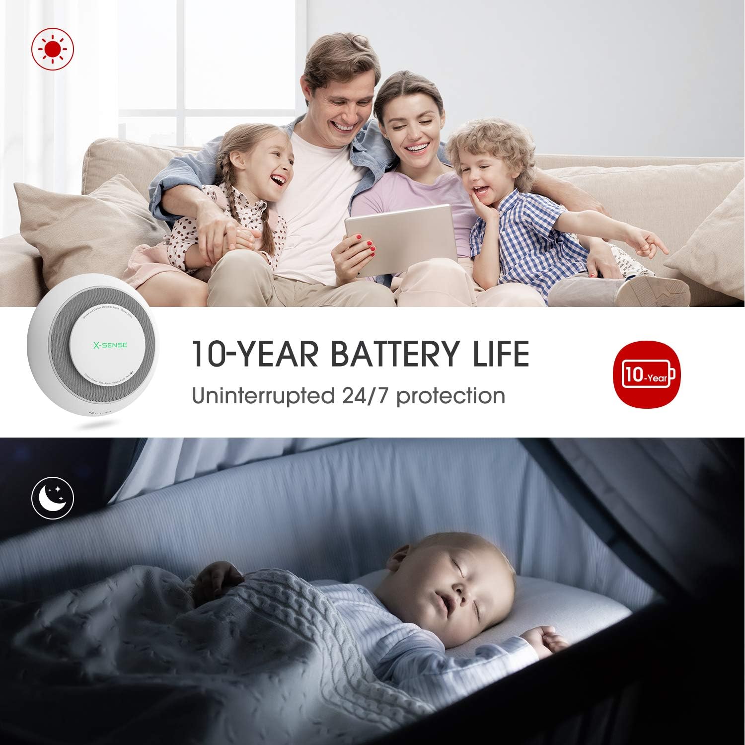 X-Sense 10-Year Battery Combination Smoke and Carbon Monoxide Alarm Detector with Large Silence Button, XP01 - - 