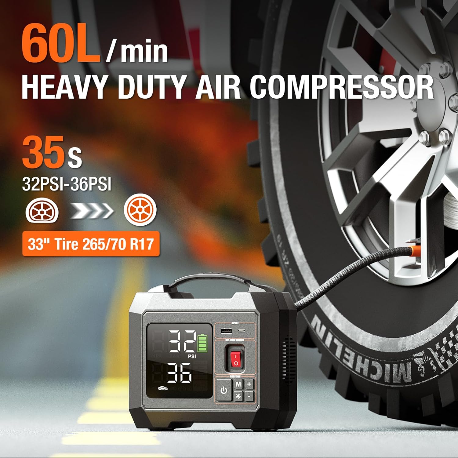 Portable Heavy-Duty Tire Inflator for Pickup Truck,RV, 300PSI Air Compressor, 9X Faster Inflator with 3.7 inch Digital Gauge. 5 Safety Protections and Cooling System for Truck, SUV, Compact Cars