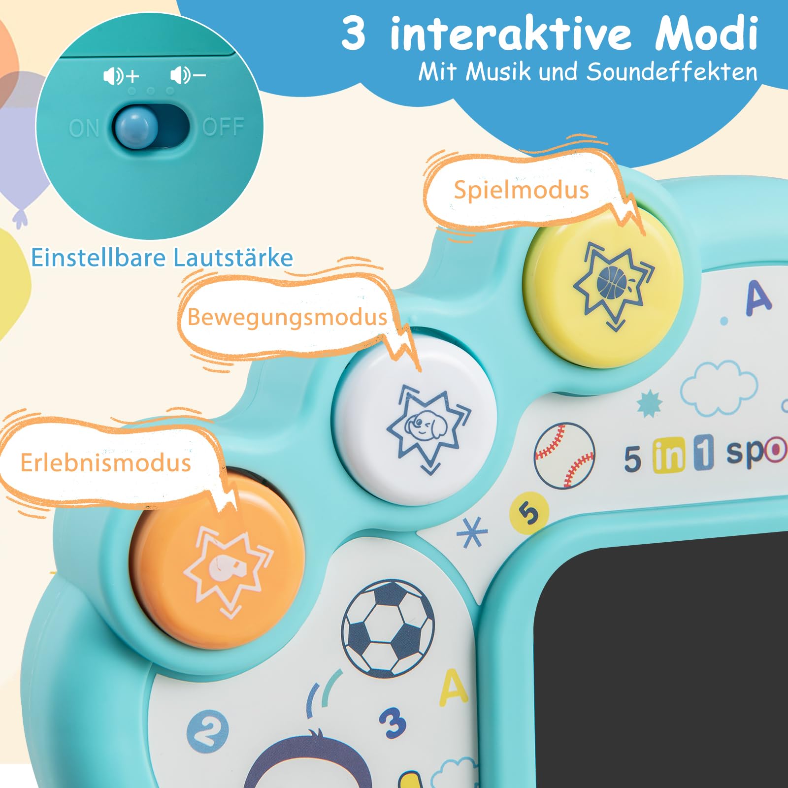 DREAMADE 5-in-1 Multiaktivitätszentrum mit Basketball, Fußball, Bowling, Baseball & Golf, höhenverstellbarer Basketballkorb mit Lichter & Geräusche, Spielgeräte für Kinder ab 18 Monaten