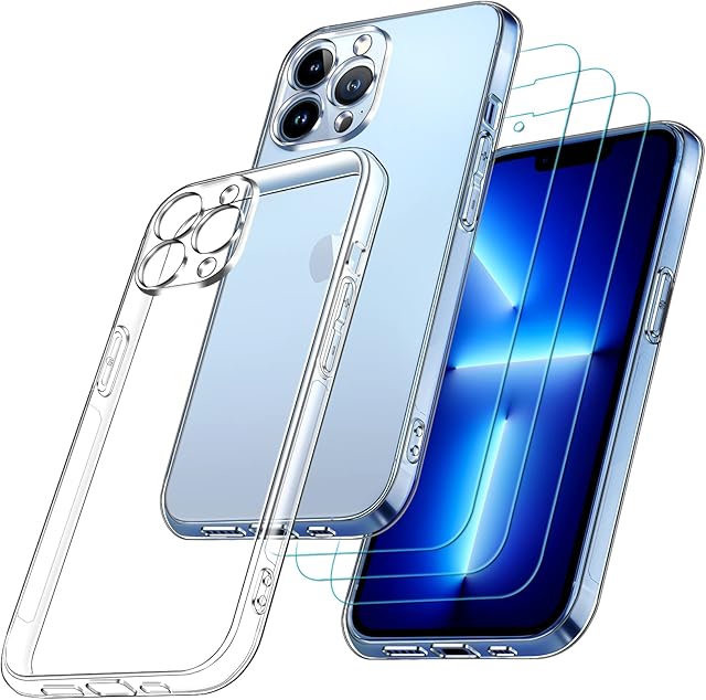 ivoler [4 in 1] Camera Cover Case for iPhone 13 Pro, with 3 Pack Tempered Glass Screen Protector, Transparent Soft TPU Silicone Protective Phone Clear