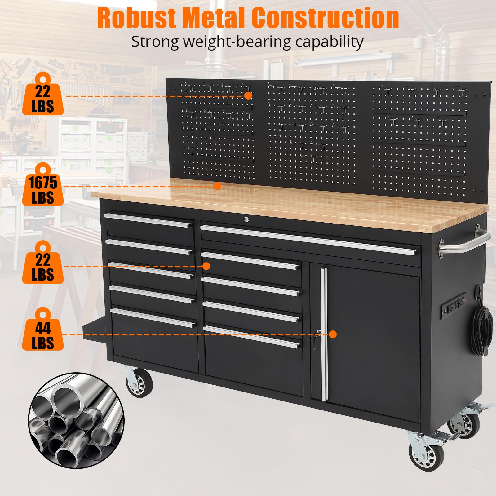 GarveeTech 61-inch Rolling Tool Chest, 10 Drawers Garage Workbench Storage Tool Cabinet with Power Strip, Solid Rubber Wood Top, 1675 LBS Load Mobile Workstation, Heavy Duty Rolling Cabinet