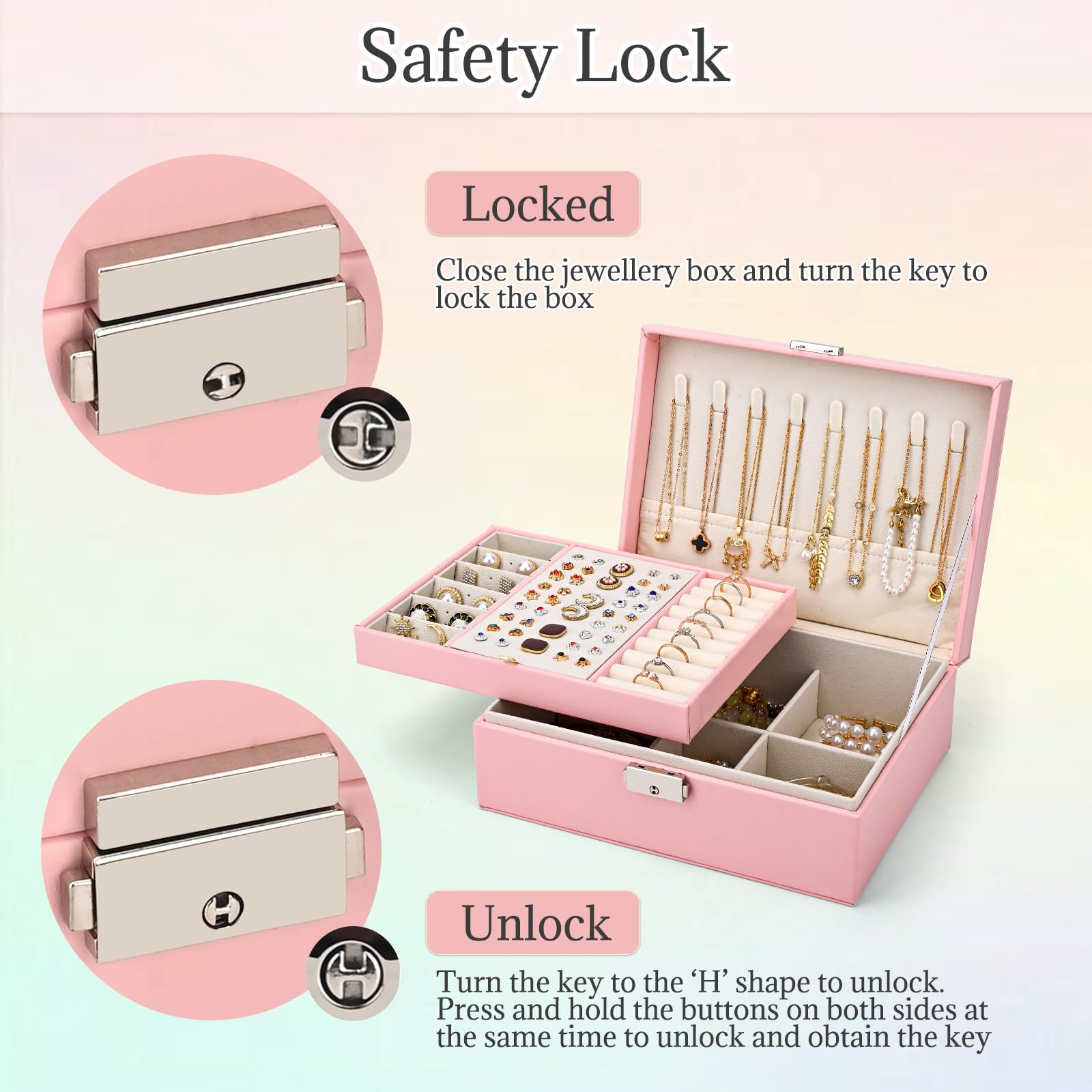 Eucomir Porta Gioielli Donna, Porta Gioielli da Viaggio Grande Gioielli Scatola Organizer 2 Strati Porta Gioielli Bambina in Pelle PU per Anelli Bracciali Orecchini Collane,Rosa Chiaro