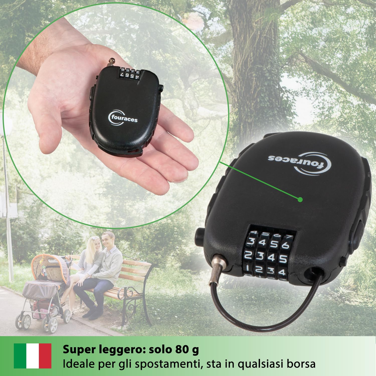 fouraces lucchetto con cavo retrattile 70 cm, lucchetti a combinazione a 4 cifre, antifurto per bicicletta, scooter, biciclette, sci, casco, moto