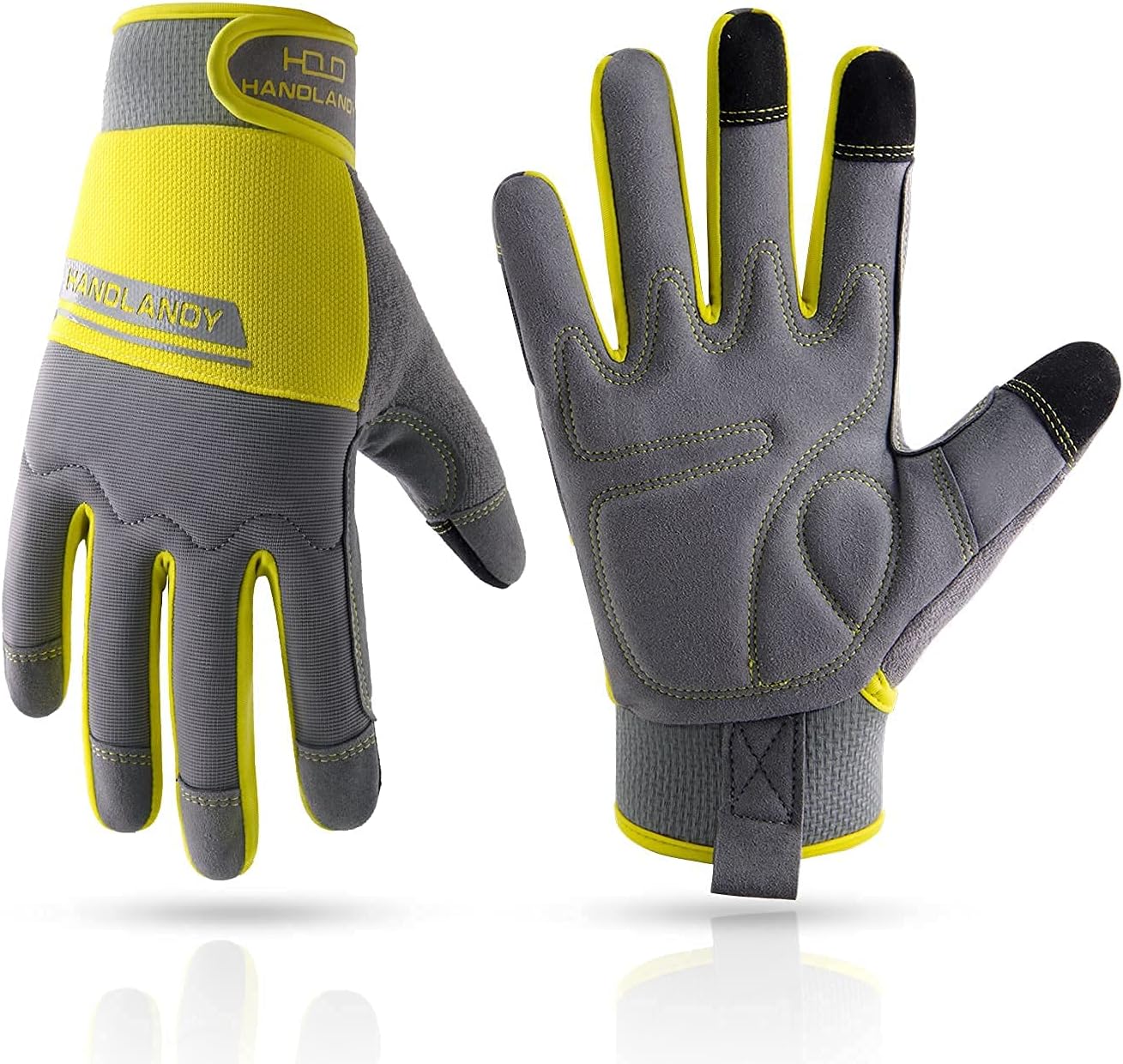 HANDLANDY Bundle - 2 Items Utility Mechanic Working Touch Screen Yard Work Gloves - Green, Yellow