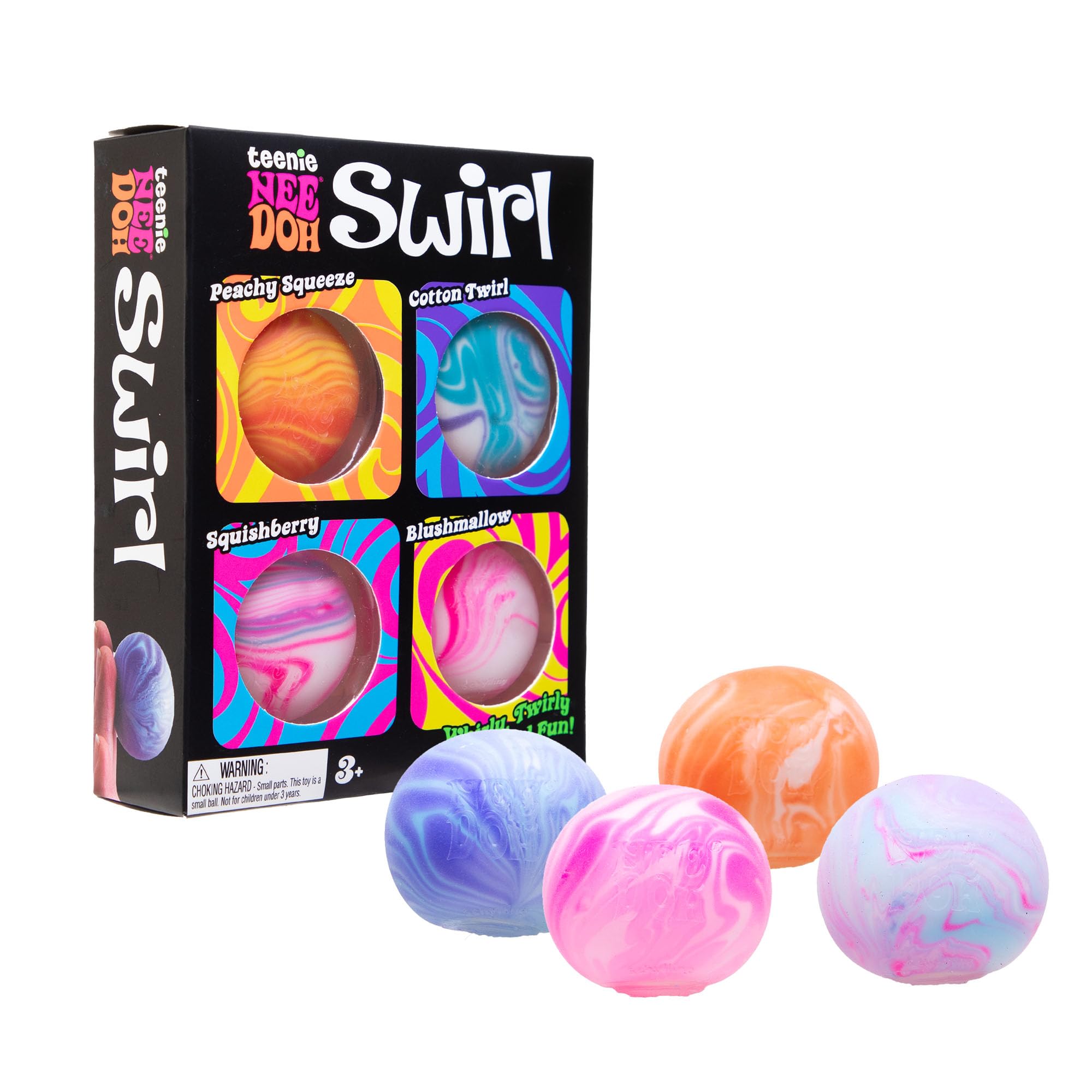Nee Doh Swirl Teenie Multipack, 4 Assorted Colours/Styles Per Pack - Dough Till, Transparent with Marble Swirls Painted Inside