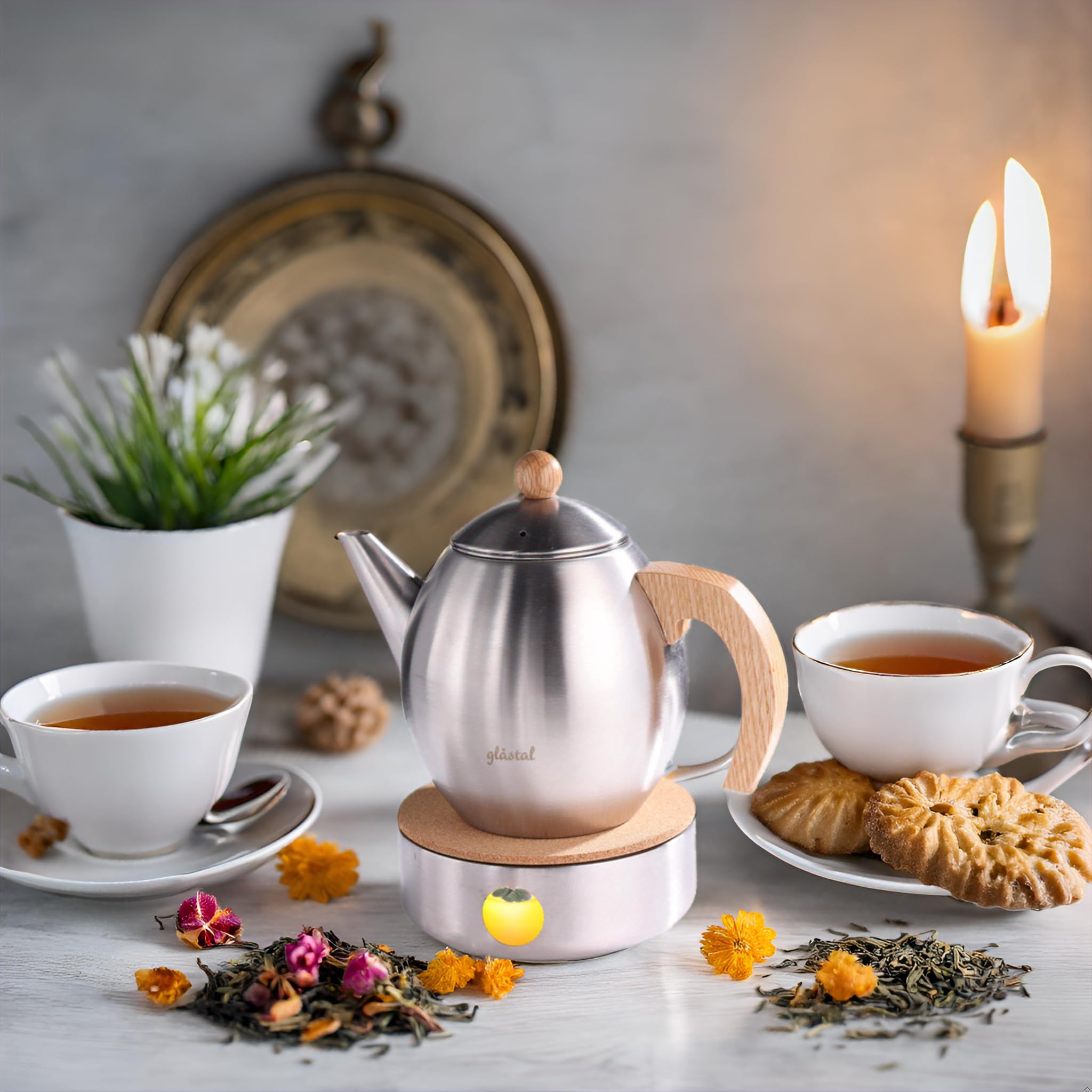 glastal Tetera plateada de acero inoxidable, 1200 ml, con calentador de té y calentador de té de acero inoxidable