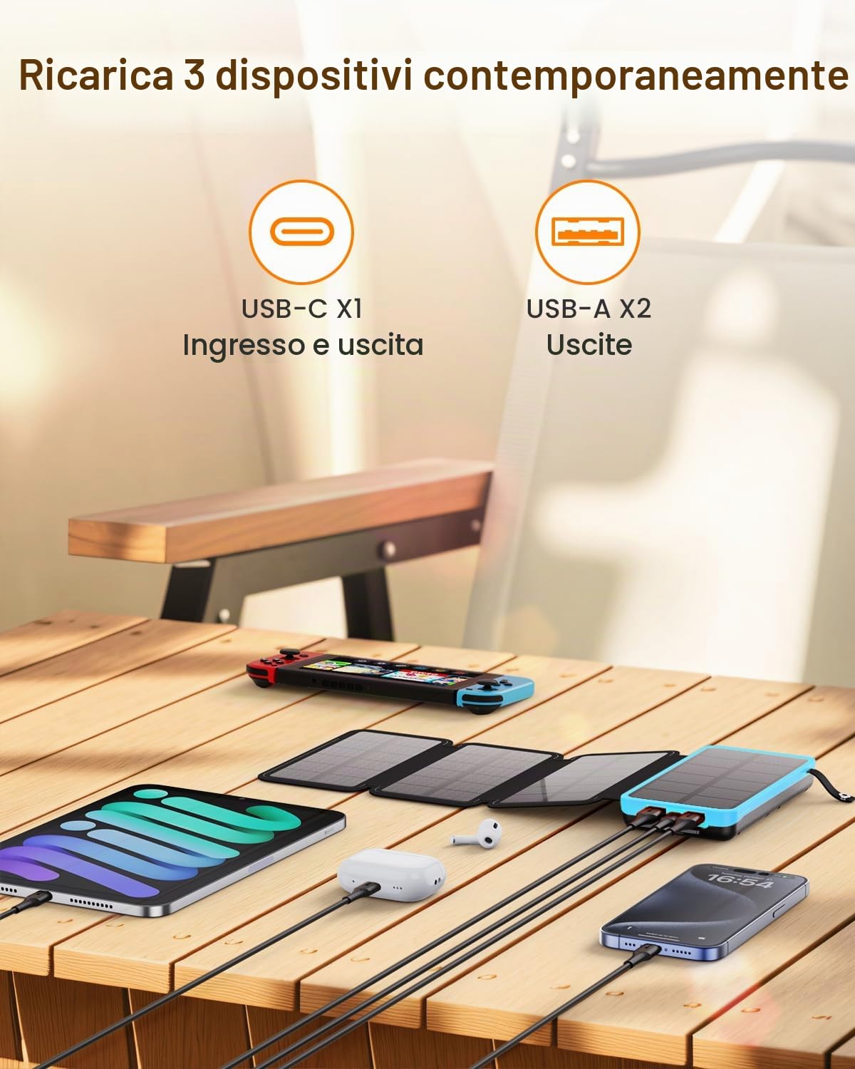 FEELLE Caricatore Solare 25000mAh, Power Bank Solare Batteria Esterna con Doppia Uscita USB 3,0A e 4 Pannelli Solari Pieghevoli Caricatore Portatile per Smartphone, Tablet, Campeggio ecc (Blu)