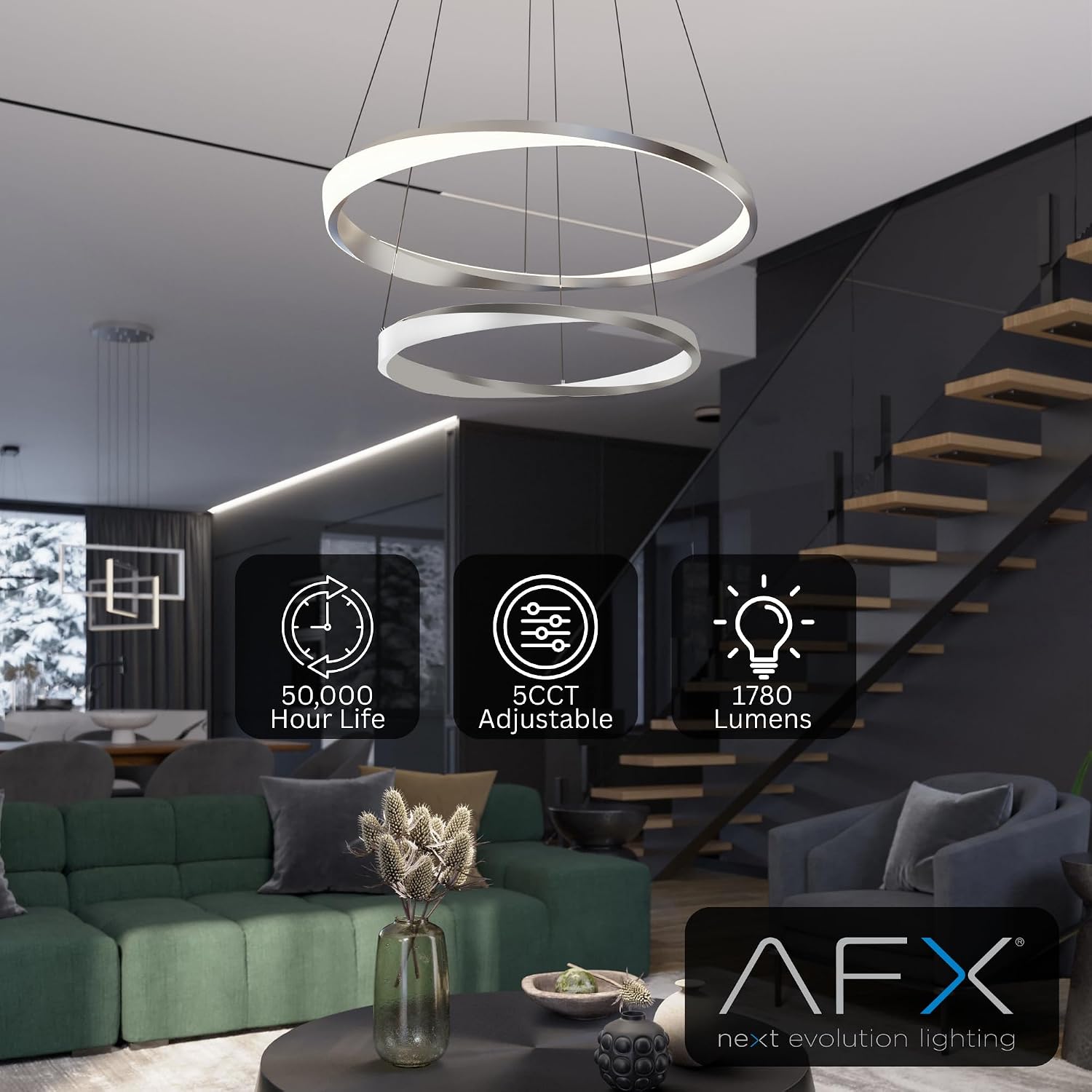 AFX OBRP2432LAJUDSN Oberon LED Pendant Light | Dual Ring Design 24 Inch and 32 Inch | 50W Integrated LED | 1780 Lumens | Satin Nickel Steel Frame | Acrylic Diffuser | Adjustable 9 Foot Cables