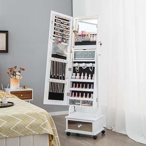 Vista 2 de GOFLAME Armario de joyería de pie con ruedas, organizador de almacenamiento de joyas con cerradura con espejo de longitud completa, luces LED de 3