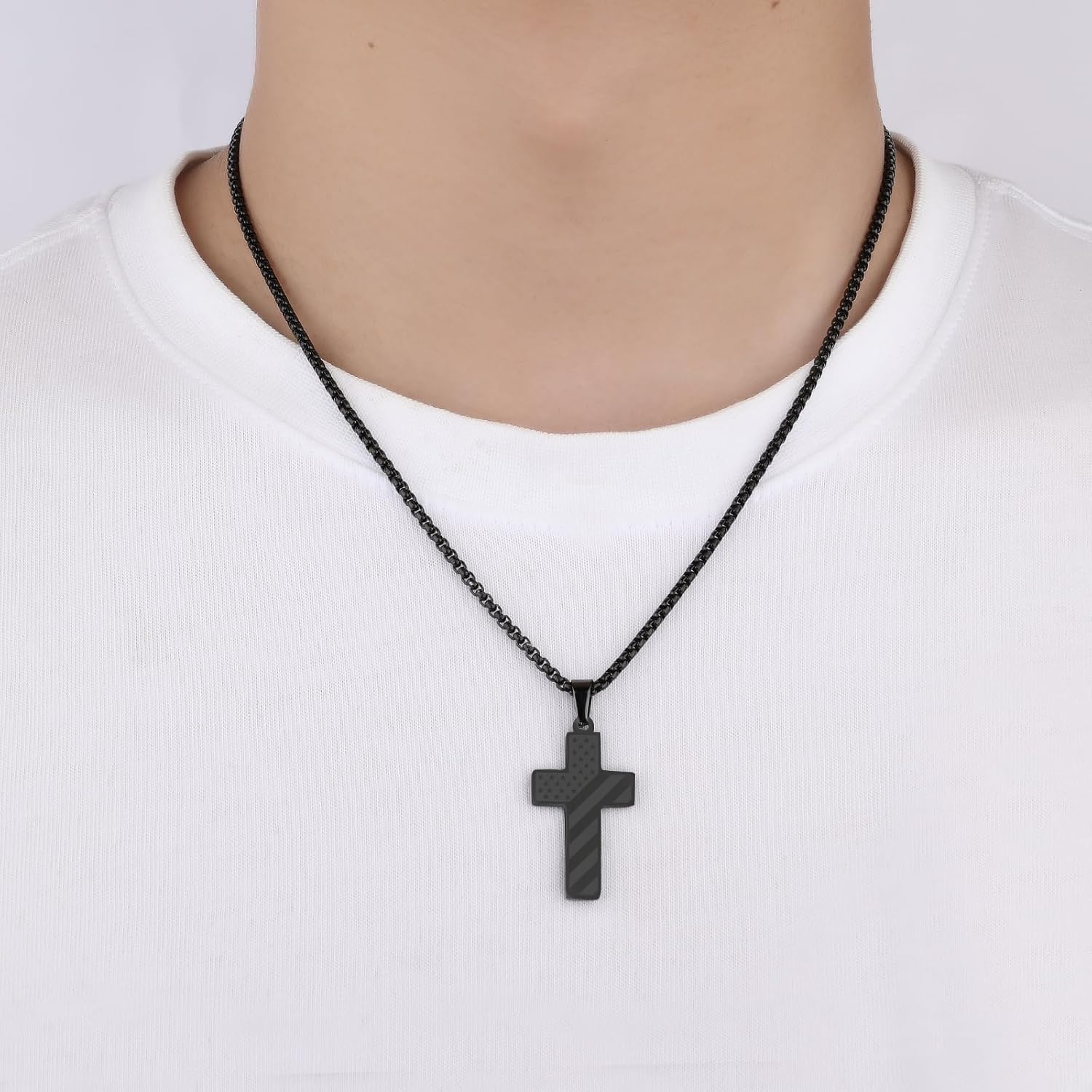 18+2 Inch Stainless Steel Cross Necklace Black American Flag Pendant – Bible Verse Christian Religious Necklaces Jewelry - Birthday Baptism Valentine Military Gift for Teens Grandson Son - Image 6