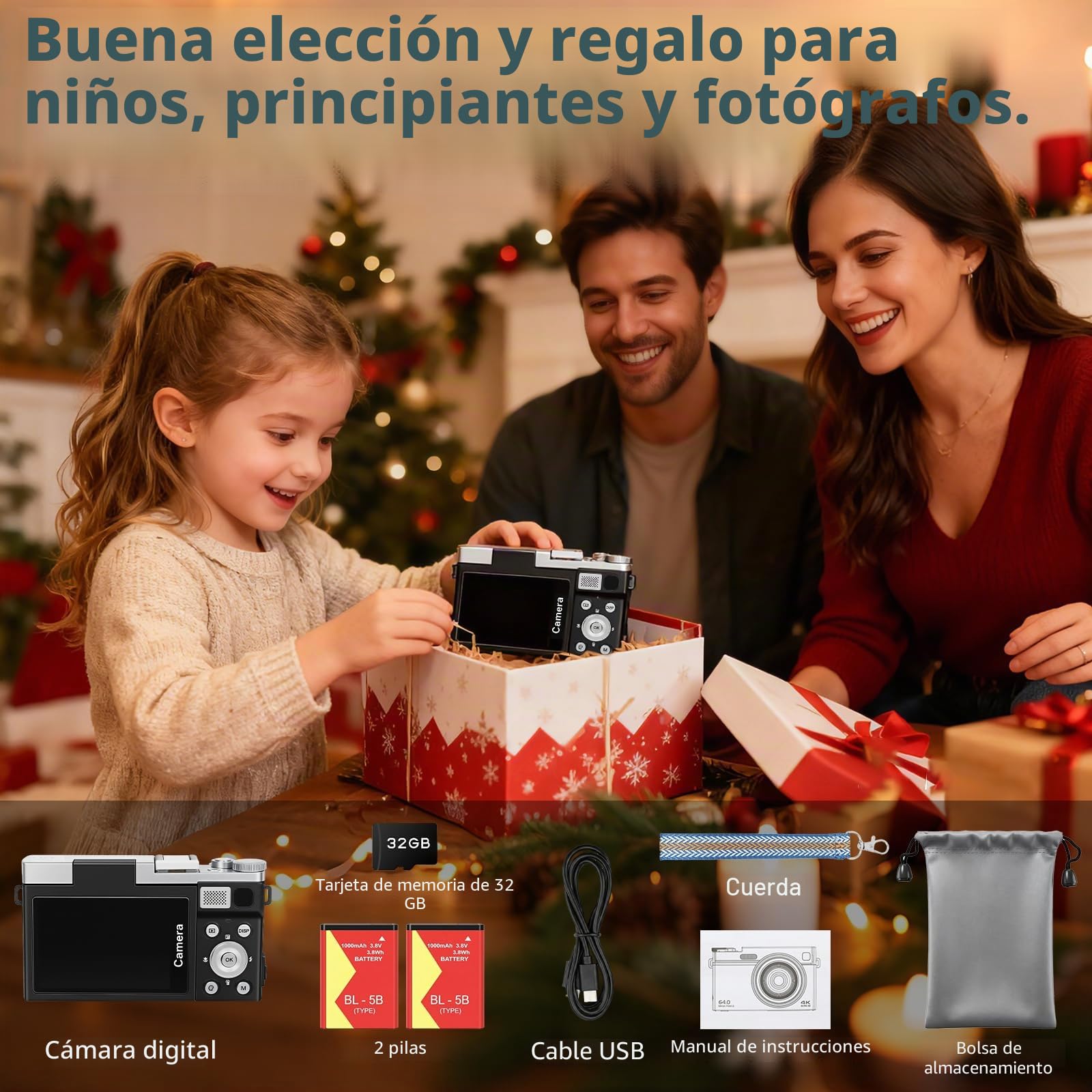 Cámara digital 4K 64MP Cámara de fotos de 3 pulgadas 16X enfoque automático zoom digital portátil cámara digital para Vlog 180° pantalla LCD plegable cámara de fotos 2 baterías 32 GB tarjeta para