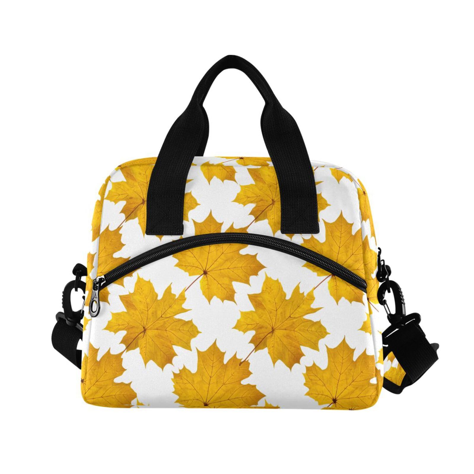 Sinestour Insulated Lunch Bag Reusable Cooler Maple Leaves Yellow Lunch Box Adjustable Shoulder Strap for Office Men Women