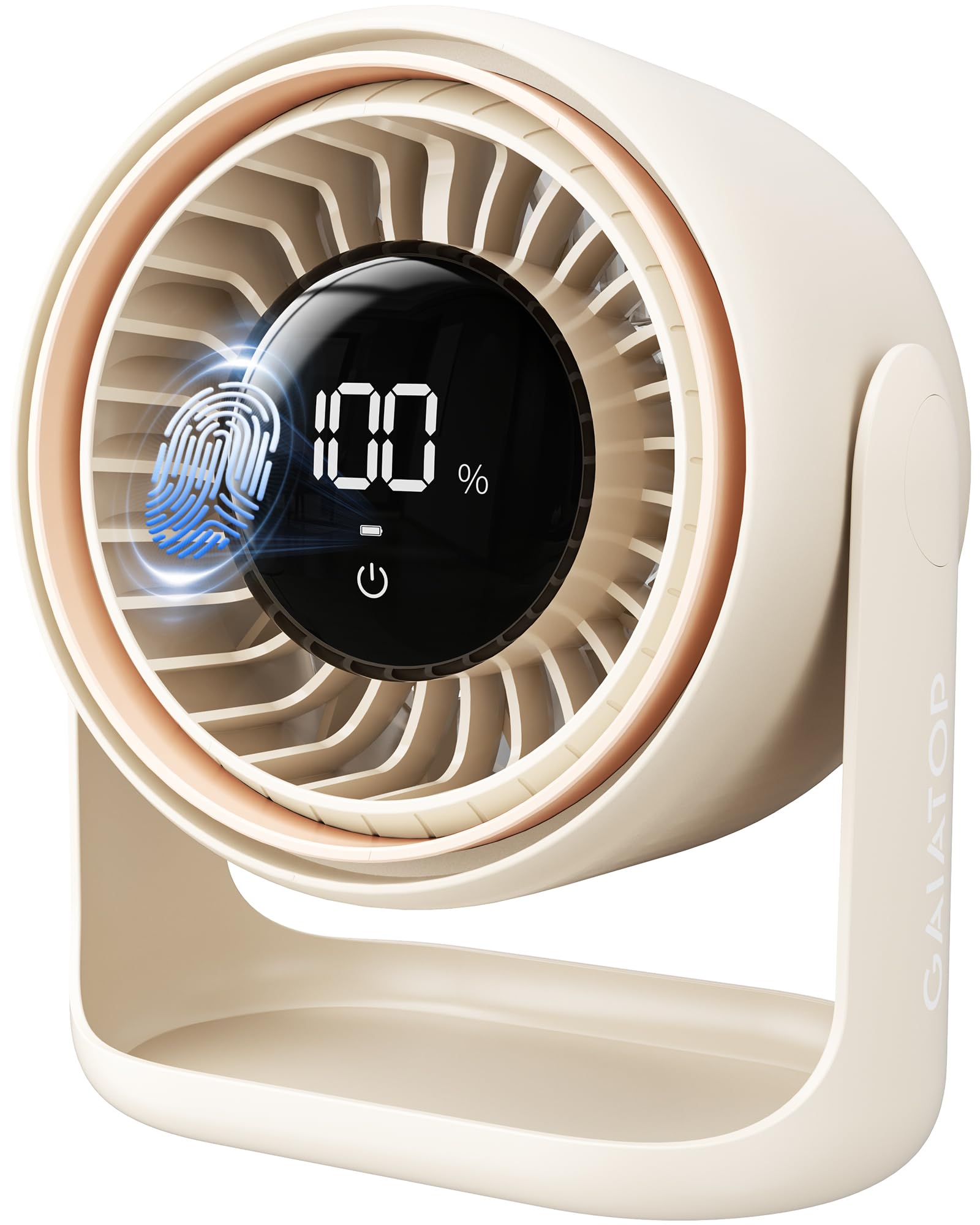 Gaiatop Desk Fan, Touch Control LED Display Small Portable Fans, 5 Speeds Strong Wind, Ultra Quiet Rechargeable, 3–10.4H Long-Lasting Runtime Table Desktop Fan for Bedroom, Office (White Beige)