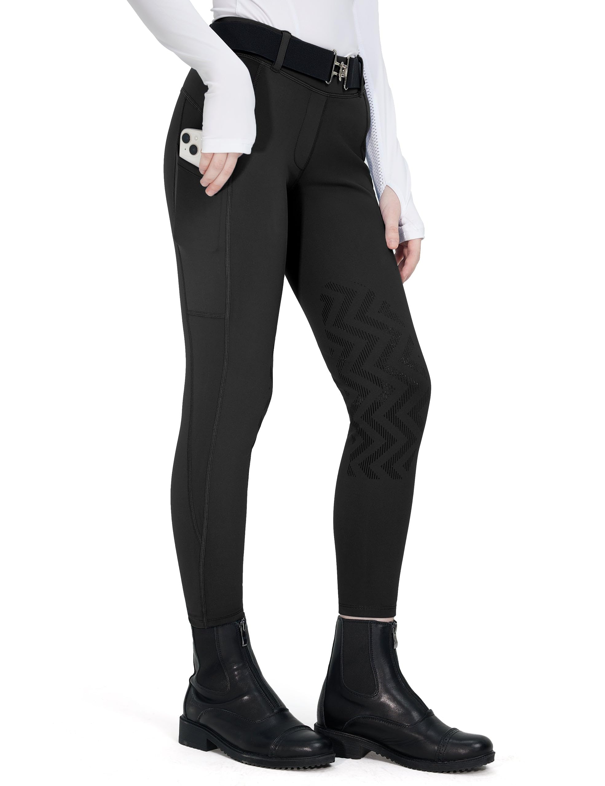 FitsT4 Sports Pantalones de equitación de invierno para niñas, pantalones de equitación de forro polar con parche en la rodilla, mallas ecuestres y bolsillos