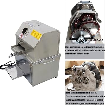 Desktop Electric Sugar Cane Press Juice Machine, 3 Rollers Stainless Steel Sugarcane Juicer Grinder Ginger Extractor, W/Openable Cover and 2 Sets Knives 110V 800W