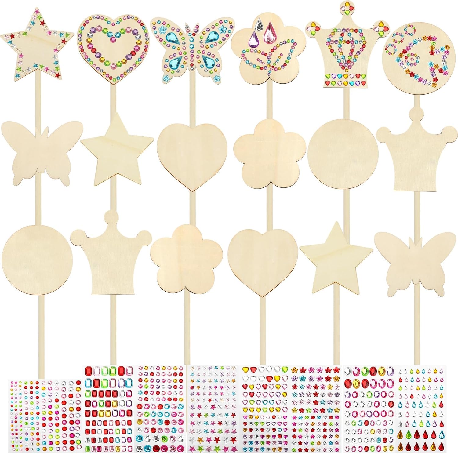 SAYAYA 48 Pack Fairy Wands Craft Kit, 6 Styles Unfinished Wooden Princess Wands with Stickers DIY Fun Party Supplies for Birthday Parties, Princess Celebrations, and Creative Gift & Craft Activity