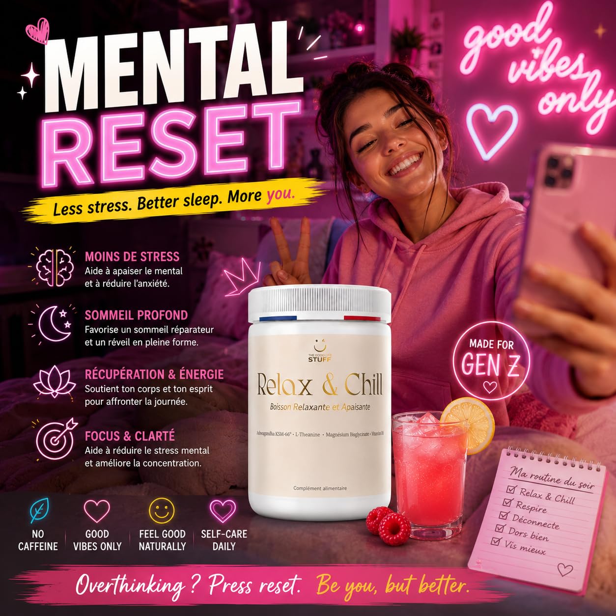 Relax & Chill Boisson Relaxation Anti-Stress/Ashwagandha KSM-66, L theanine, Magnesium Bisglycinate & Vitamine D/Baisse Cortisol & Stress, Améliore Détente et Qualité du Sommeil/Sans Cafeine ni Sucre