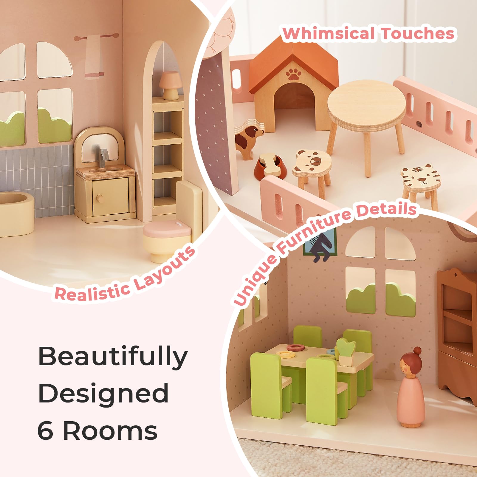 OOOK Puppenhaus Holz, Puppenhaus ab 3 Jahre Mädchen mit 60 Möbel Zubehör, 3-stöckiges Holzpuppenhaus Groß mit 4 Puppen und 2 Haustieren, Wooden Doll House for Girls | 4 Puppen und 2 Haustiere, großes 3-stöckiges Puppenhaus mit 6 Zimmern, Puppenhaus für Mä