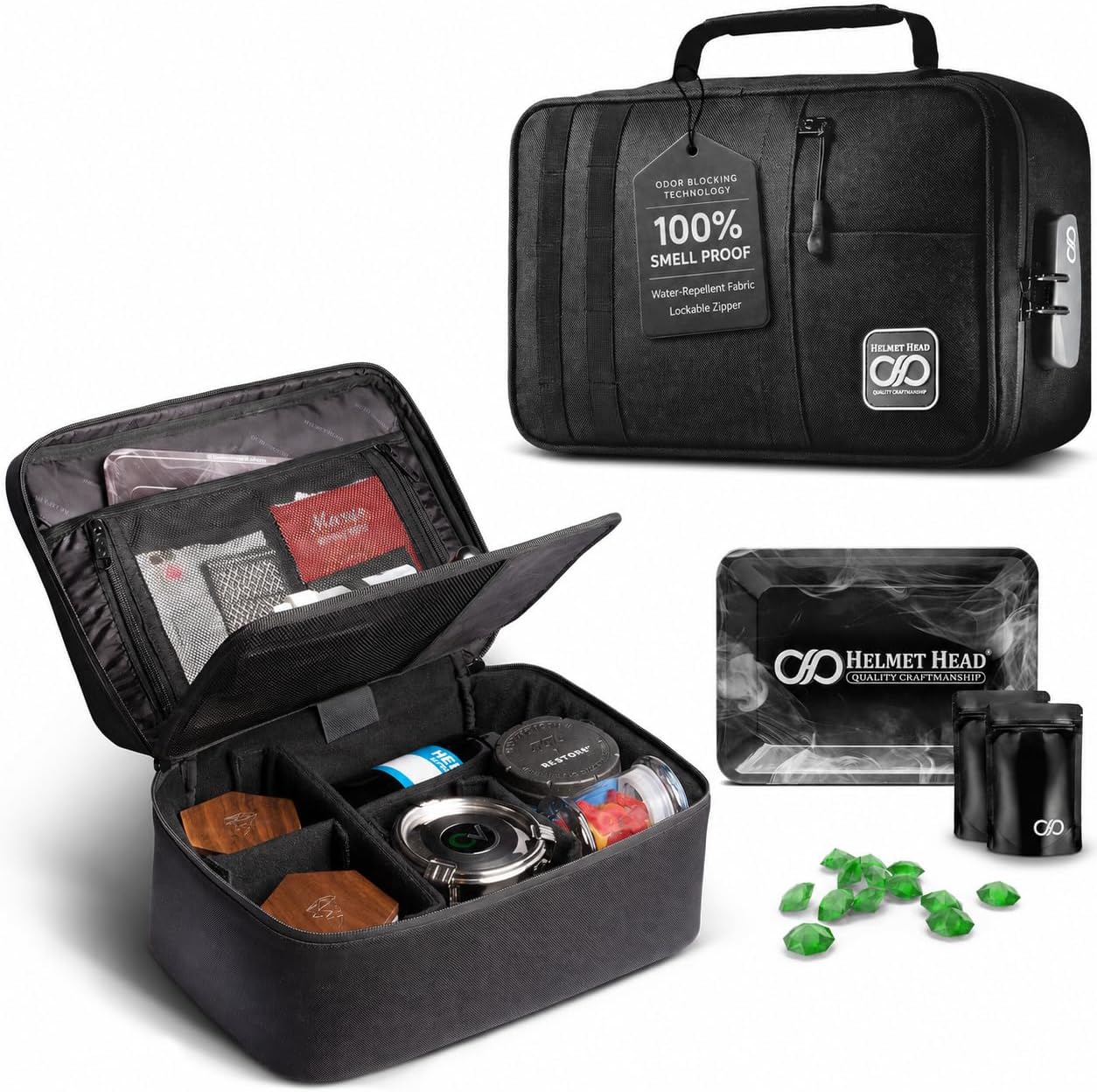 HELMET HEAD Smell Proof Bag and Stash Box, XL Smell Proof Box with Combo Lock for Your Mylar Bags and Smell Proof Containers. Includes 2 Smell Proof Bags and Metal Tray (Black)