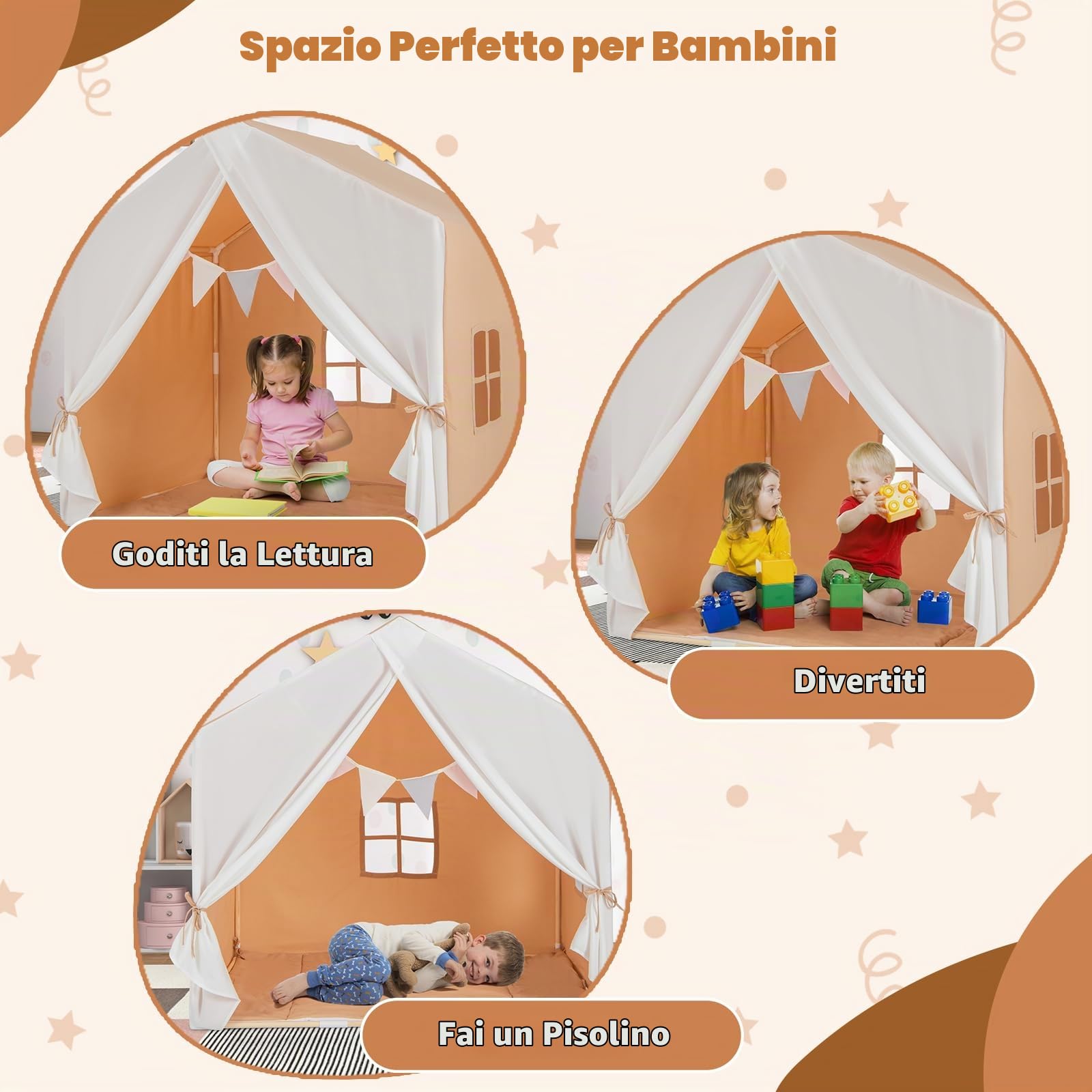 HOMASIS Tenda per Bambini da Interno, Tenda Gioco con Tappetino e Bandiere, Casa da Gioco con Struttura in Legno, Tendina Principessa Cameretta per Ragazze e Ragazzi dai 3+ Anni in su (Marrone)