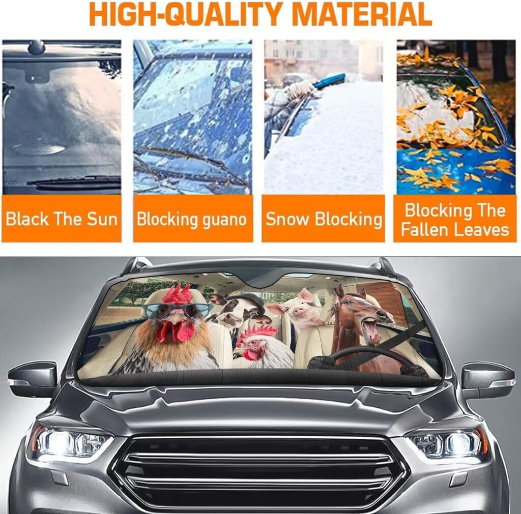 Funny Farm Animal Auto Windshield Sun Shade Front Window Sunshade, Horse Driver Car Foldable Sun Visor Protector, Chicken Pig Cow Sunshade for Car Truck SUV to Keep Your Vehicle Cool