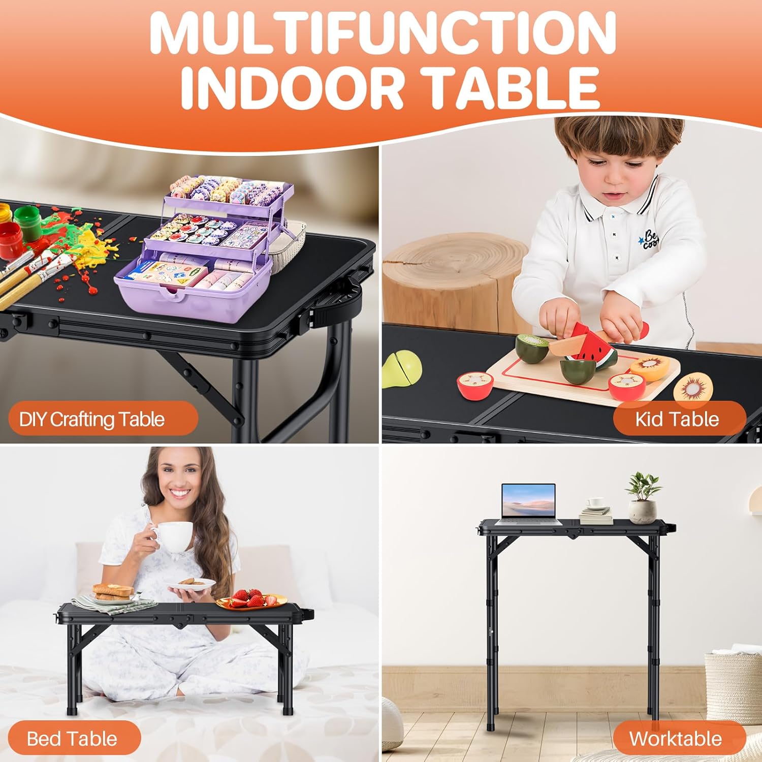 FUNYKICH 2ft Small Foldable Camping Table(22.8'' Lx15.7'' W), 3 Height Adjustable Portable Folding Table, Lightweight Aluminum Outdoor Table with Carry Handle for Camping, Beach, Picnic, Black