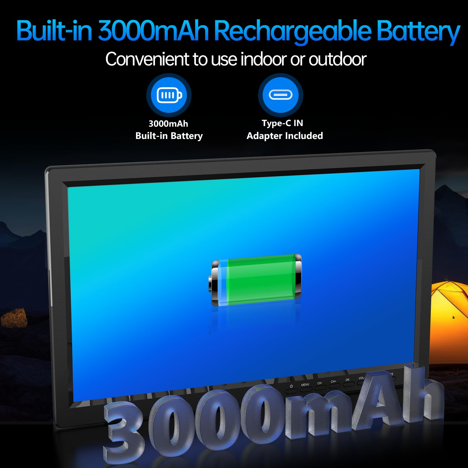 Desobry Televisor Portátil 15,6 Pulgadas HD 1080P - TV Camping con Batería 3000mAh, Sintonizador DVB-T2, HDMI/USB/AV - para Caravanas, Jardín