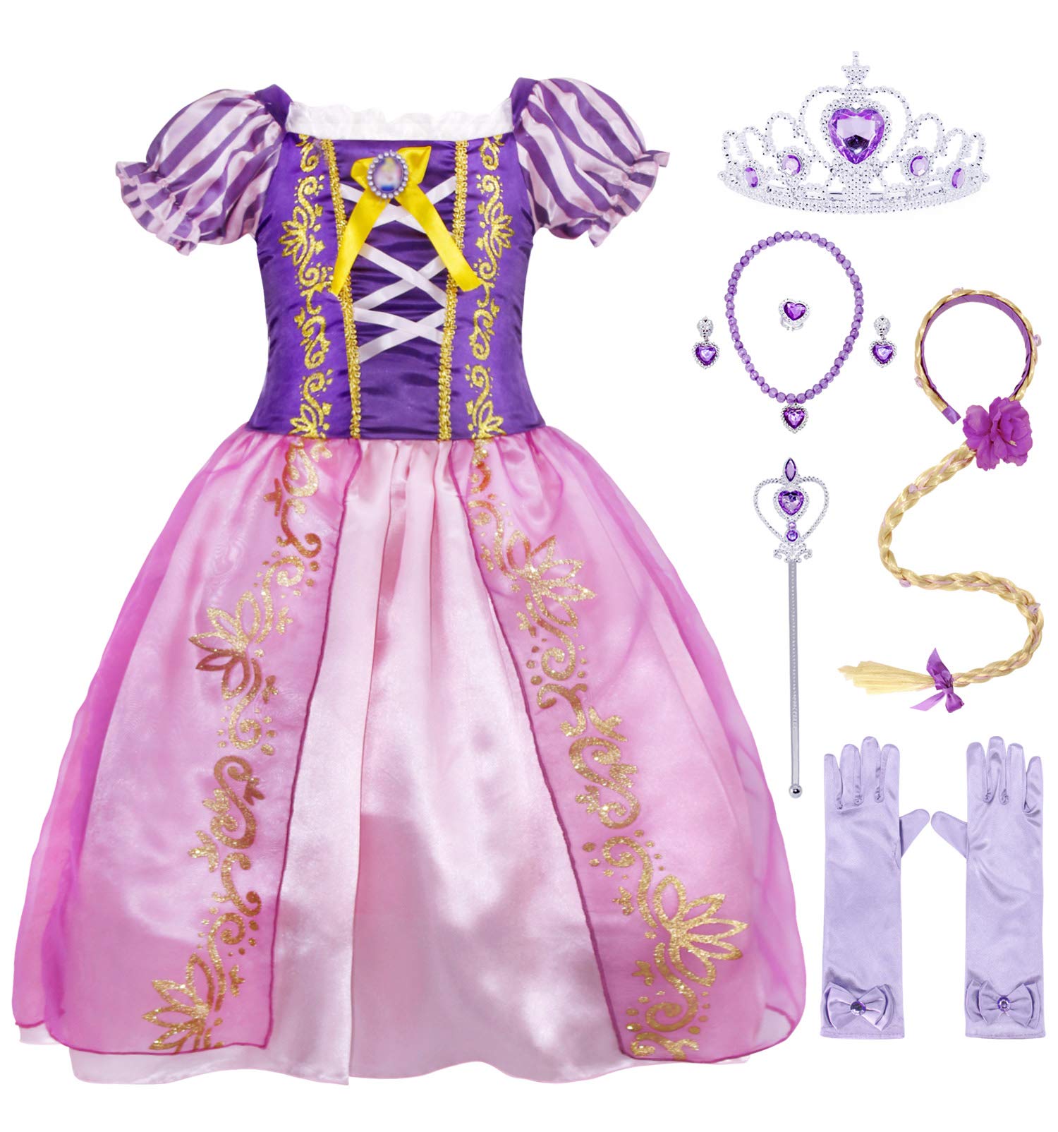 AmzBarley Rapunzel Dress for Girls Costume Kids Halloween Cosplay Princess Birthday Party Dress up Clothes Accessories