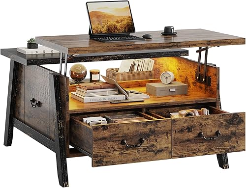 Bestier Mesa auxiliar elevable para sala de estar, mesa de centro de madera moderna de mediados de siglo con luces LED y cajones de almacenamiento,