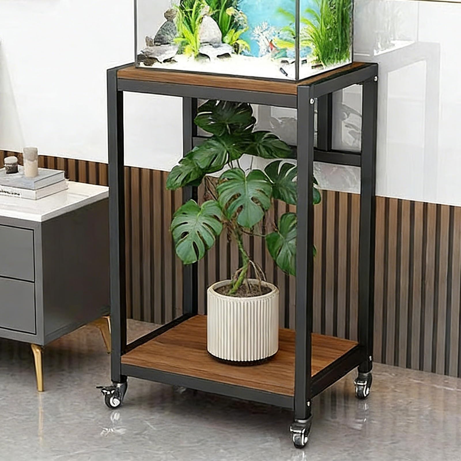 Ruchomy stojak na akwarium z kółkami, 2-poziomowy stojak do terrarium, solidna stalowa rama, łatwy montaż do salonu, gabinetu, biura