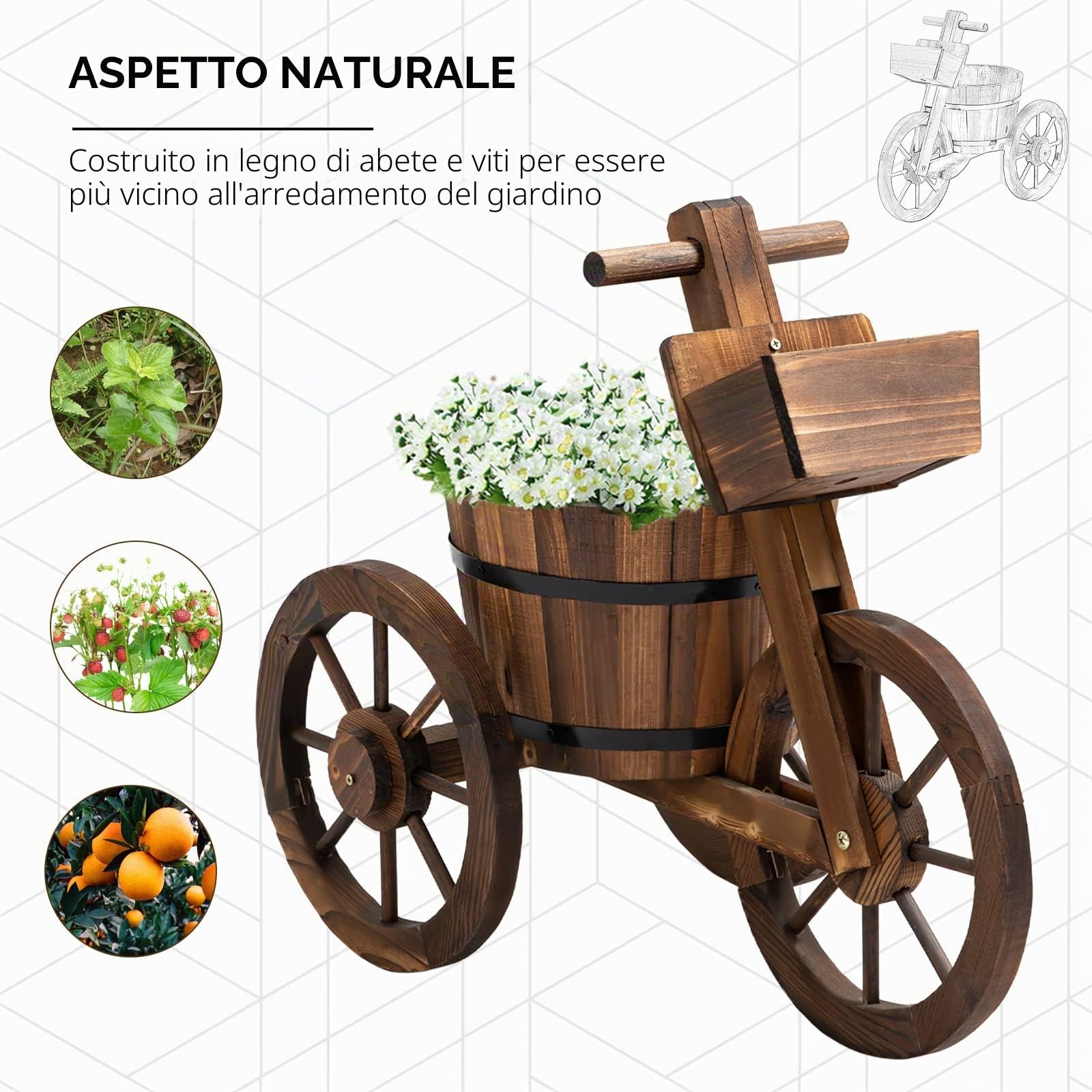 Outsunny Supporto per piante a tre ruote, scaffale per vasi di fiori, fioriera ABM. 52L x 31L x 45H cm - Legno di abete