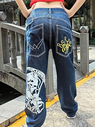 Unisex Y2K Hip Hop Street Jeans Skeleton Printed Gothic Baggy Jeans Vintage High Waist Denim Jeans Wide Leg Pants (Blue,XL,X-Large)