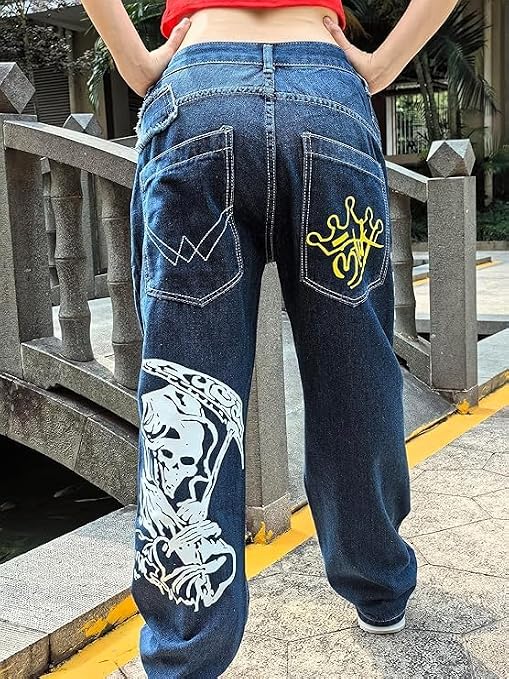 Unisex Y2K Hip Hop Street Jeans Skeleton Printed Gothic Baggy Jeans Vintage High Waist Denim Jeans Wide Leg Pants (Blue,XL,X-Large)