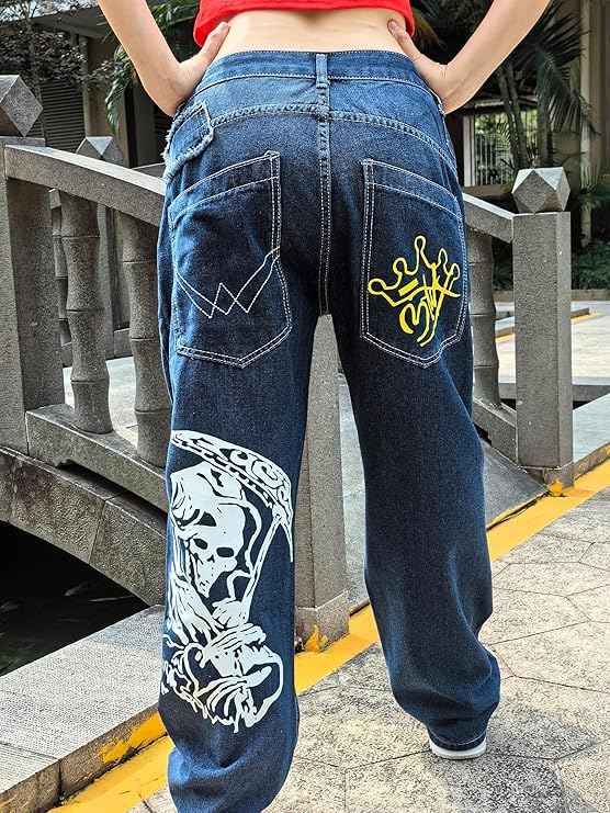 Unisex Y2K Hip Hop Street Jeans Skeleton Printed Gothic Baggy Jeans Vintage High Waist Denim Jeans Wide Leg Pants (Blue,XL,X-Large)3