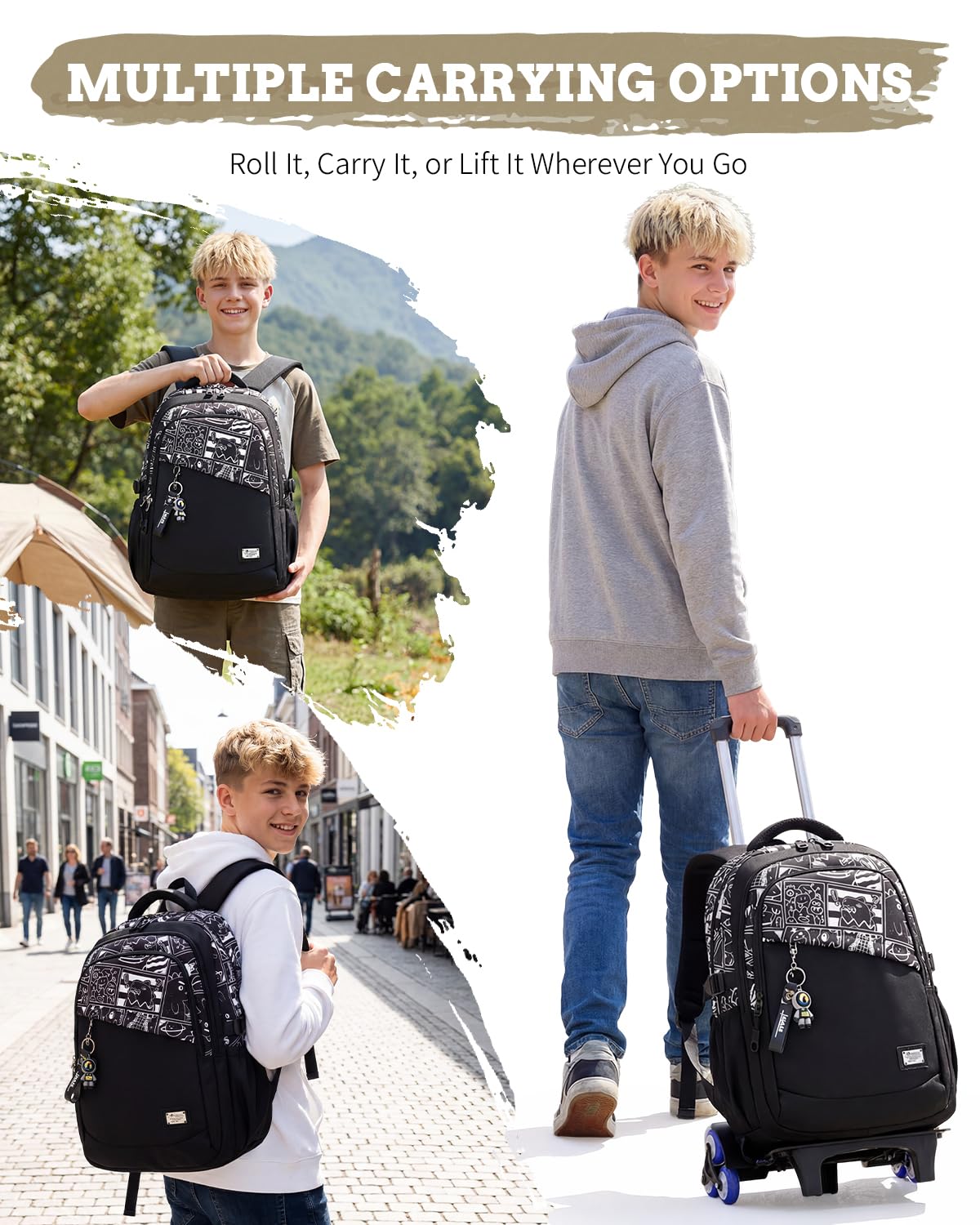 Zaino con Ruote per Ragazzi Adolescenti, 26L Zaini Scuola Trolley Media e Superiore Staccabile, Zaino Ragazzo Impermeabile Nero Graffiti-Daypack da Viaggio con Carrello