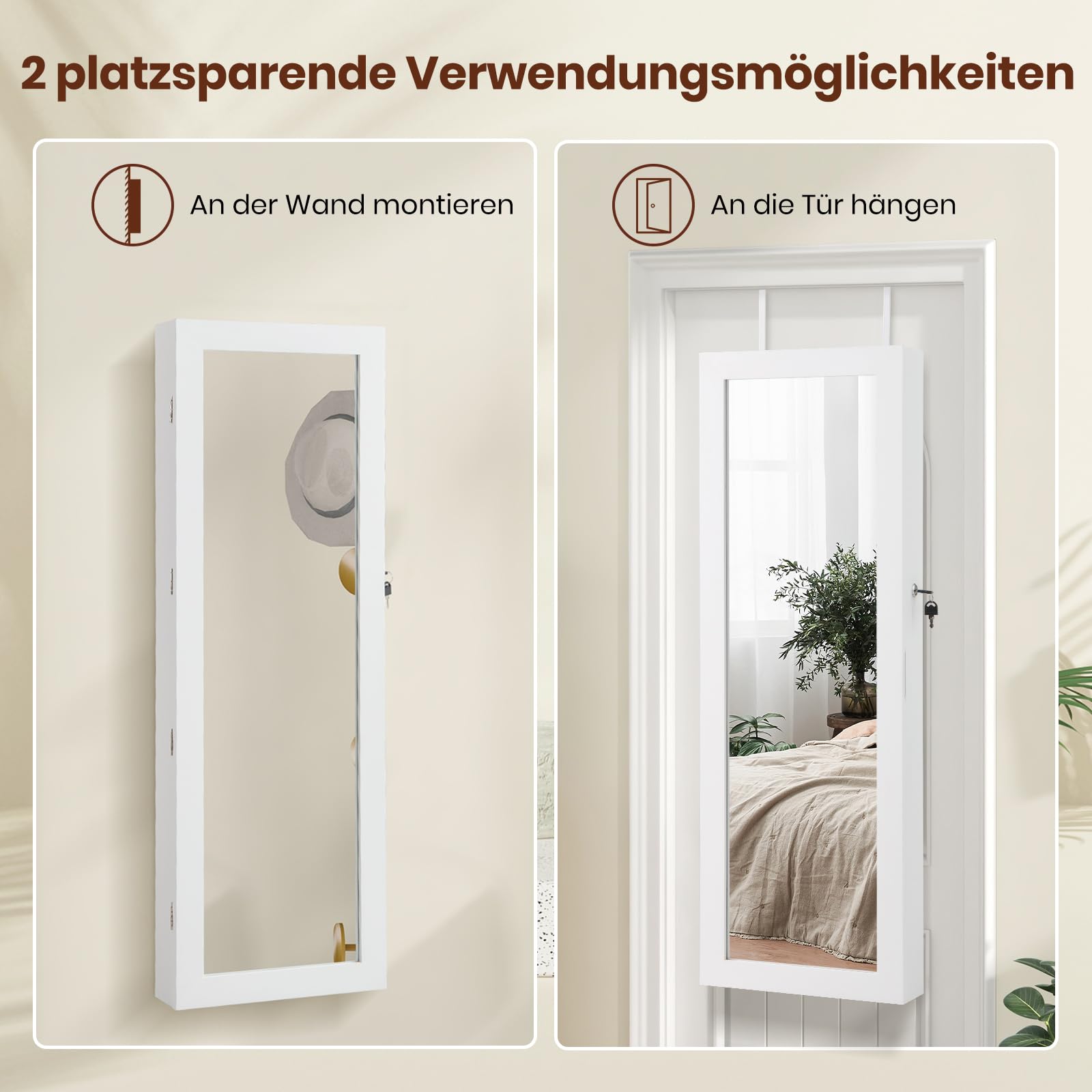 RELAX4LIFE Schmuckschrank hängend, Spiegelschrank mit 2 Schubladen & 2 LEDs & Schloss, Schmuckorganizer für Ohrringe & Armband & Kette & Ringe & Kosmetik, Tür- & Wandmontage (Weiß)