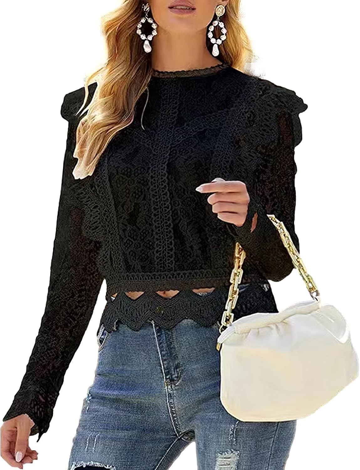Women's Hollowed Lace Blouse Soft Long Sleeves Ruffle Trim Elegant Shirt Tops - Image 2