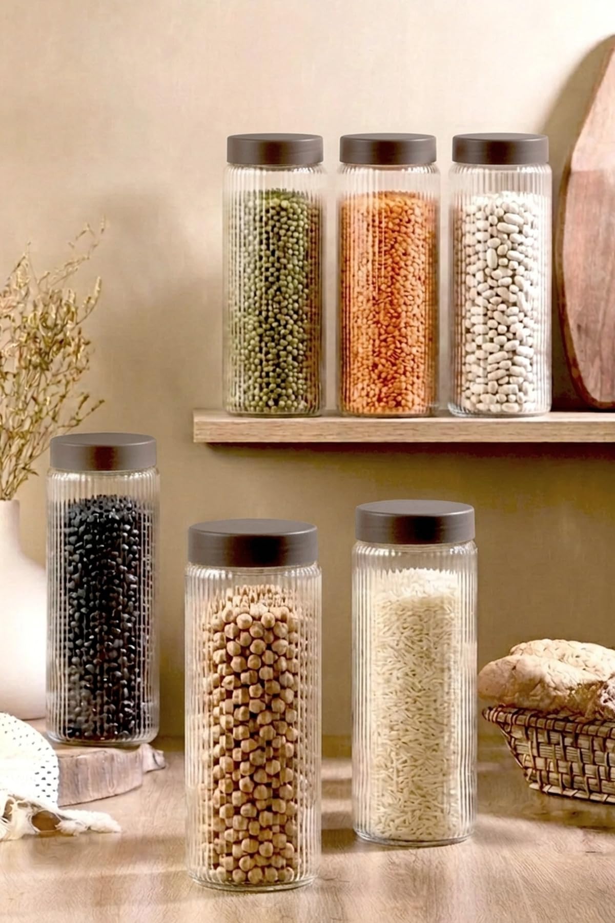 6er Vorratsgläser Set 1,5 L – Geriffelte Glasbehälter mit Bambusoptik Deckeln – Luftdichte Vorratsdosen für Pasta, Kaffee, Müsli und Lebensmittel